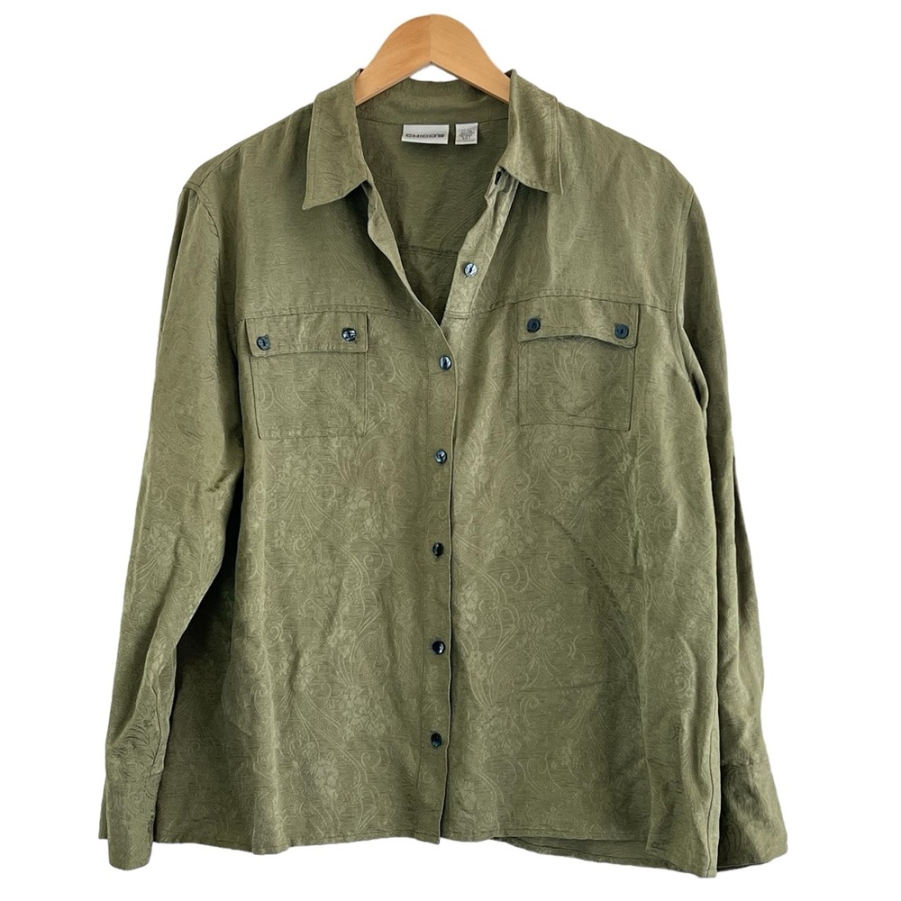 Chico’s | Green silk/linen blend long sleeve button down shirt size large